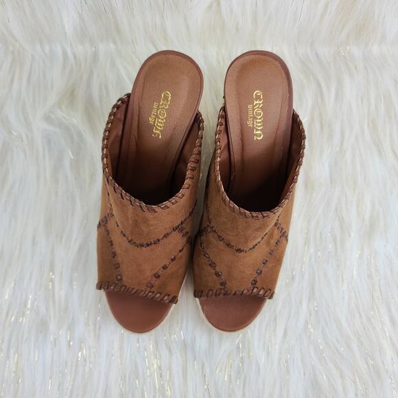 Crown Vintage Mariana Brown Wedge Espadrilles Patchwork Stich Open Toe Sandals 8 - Picture 4 of 10